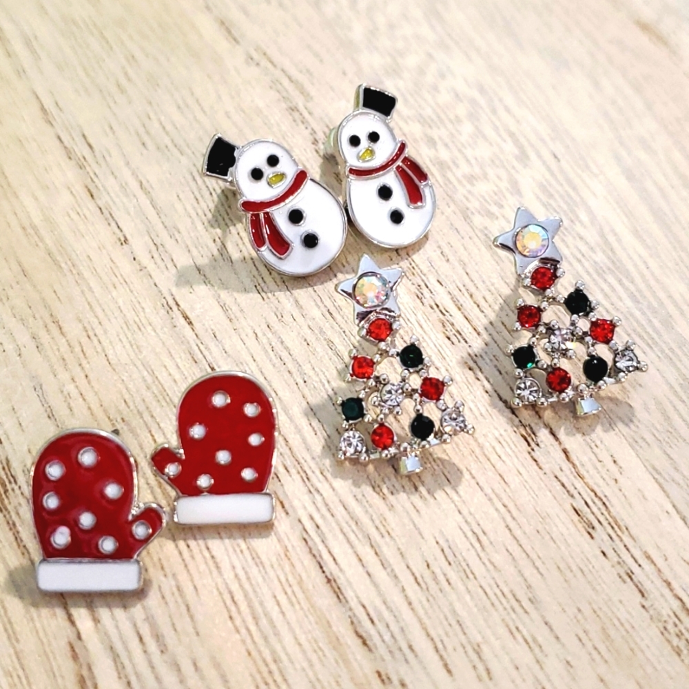 Christmas Holiday trio of earrings Silvertone mittens snowman rhinestone tree